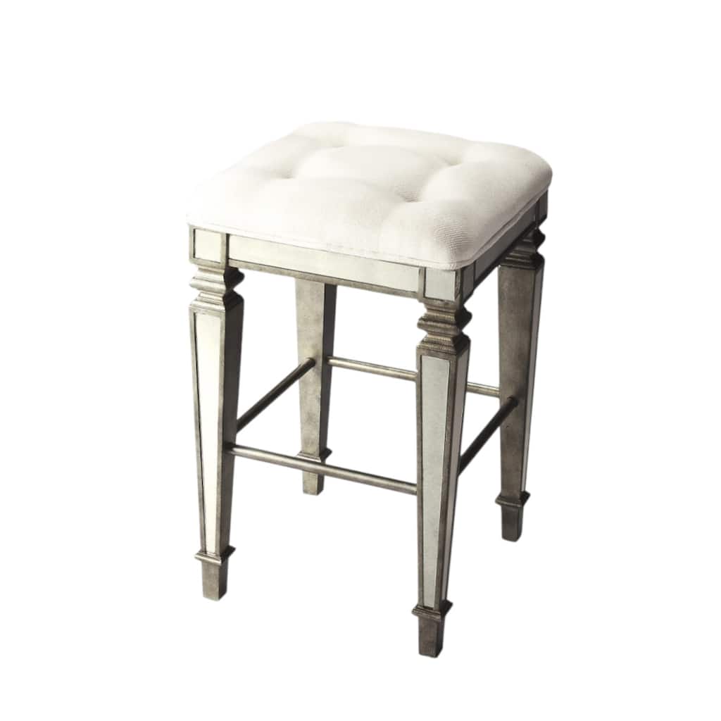 Silver Wood Frame Counter Height Bar Stool with White Cotton Upholstered Seat - 18” x 18” x 30” (D x W x H)