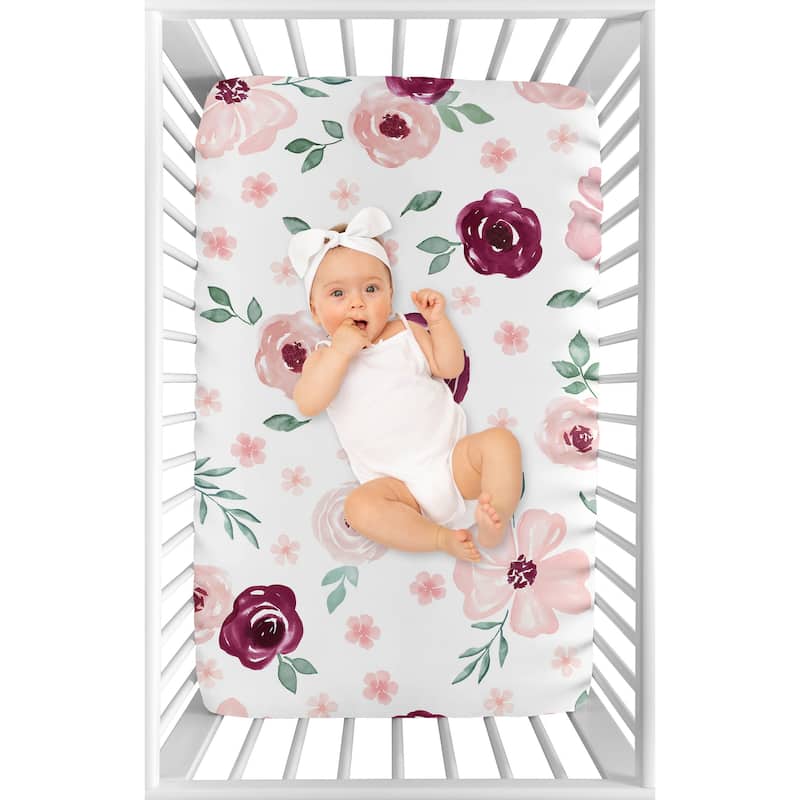 Burgundy Pink Watercolor Floral Baby Girl Fitted Mini Portable Crib ...