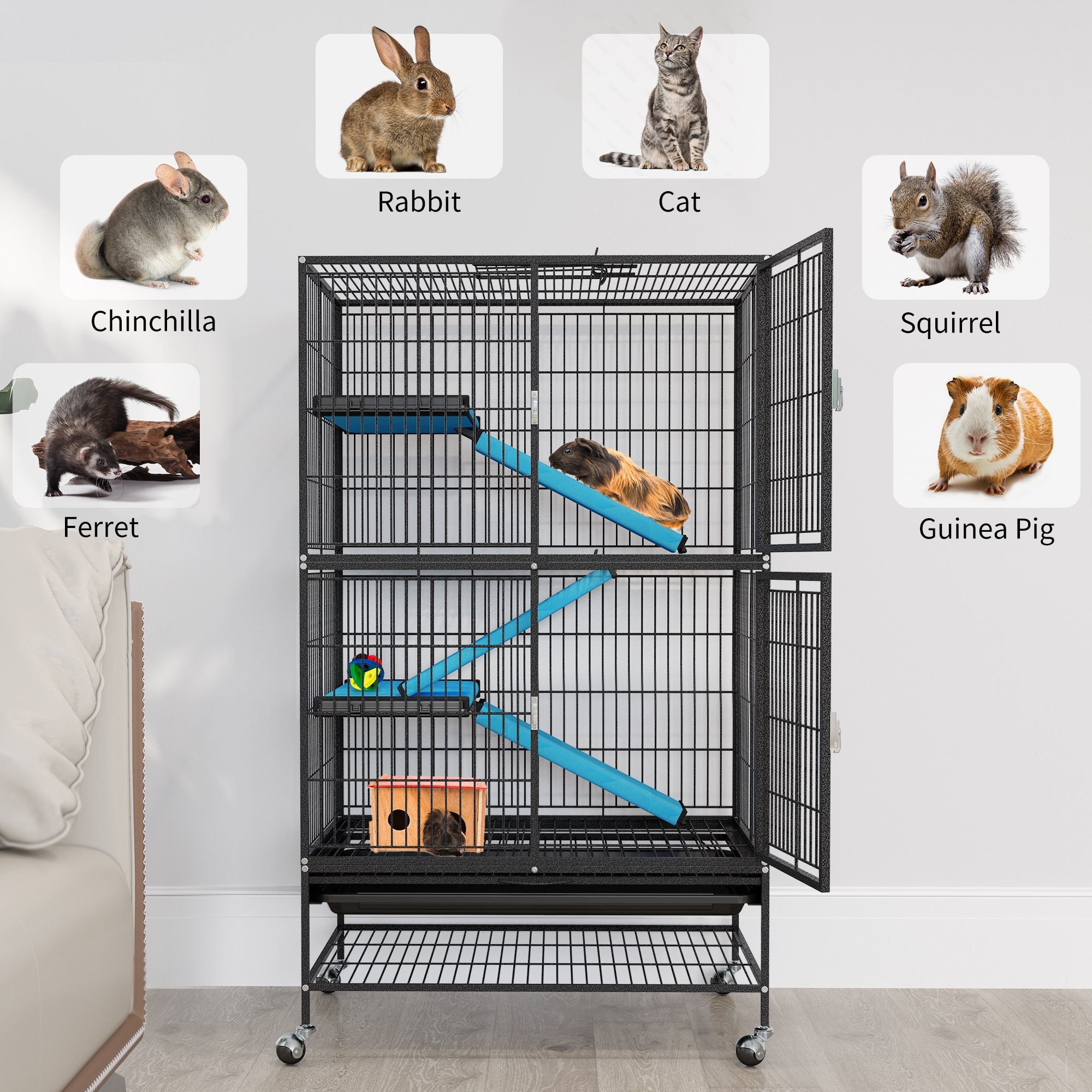 Metal 4 Tiers Small Animal Cages Indoor Critter Nation Cage Double Story