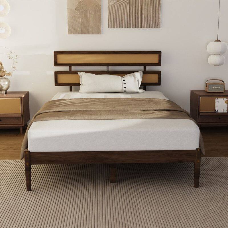 Solid Wood Full Bed Frame Platform Bedframe with Rattan Headboard
