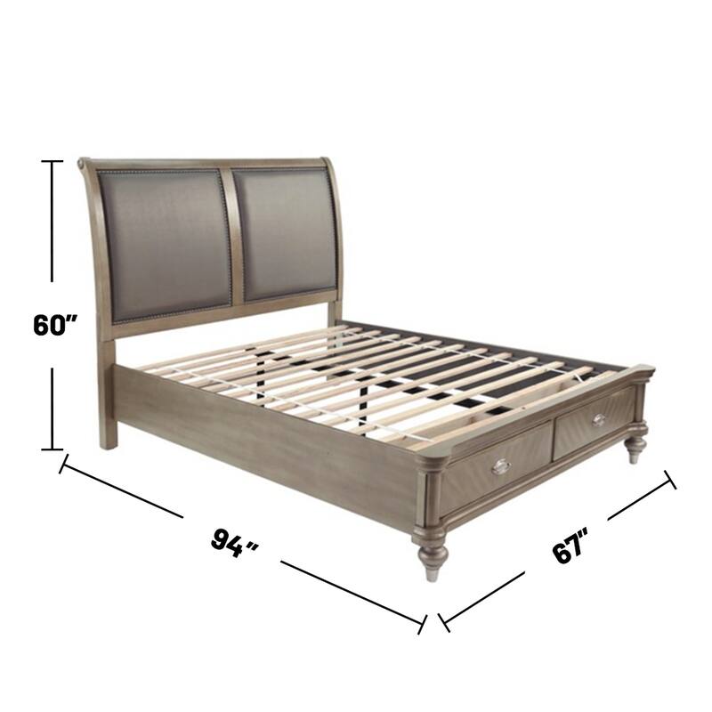 Wooden Bed with 2 Storage Drawers in Antique Silver