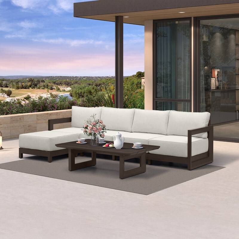 PURPLE LEAF Caesar L-Shaped White Outdoor Couch with 9.6" Thick for Yard Porch Deck Patio Conversation Sets - 4 Seats+1 Ottoman+1 Table - L-shaped