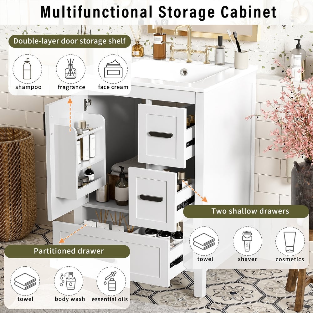 Solid Wood Frame Bathroom Vanity Cabinet with Ceramic Sink, Space-Saving 24-Inch Vanity