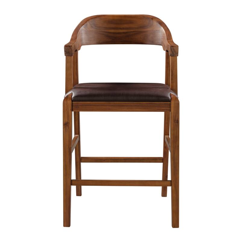 Rase 24 Inch Counter Stool Chair, Faux Leather, Open Back, Brown Wood