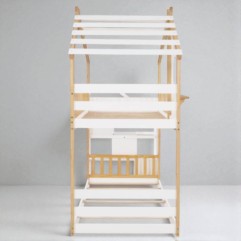 Stairway Twin Over Twin House Bunk Bed with Round Window, Storage Drawers and Shelf, Natural and White Finish
