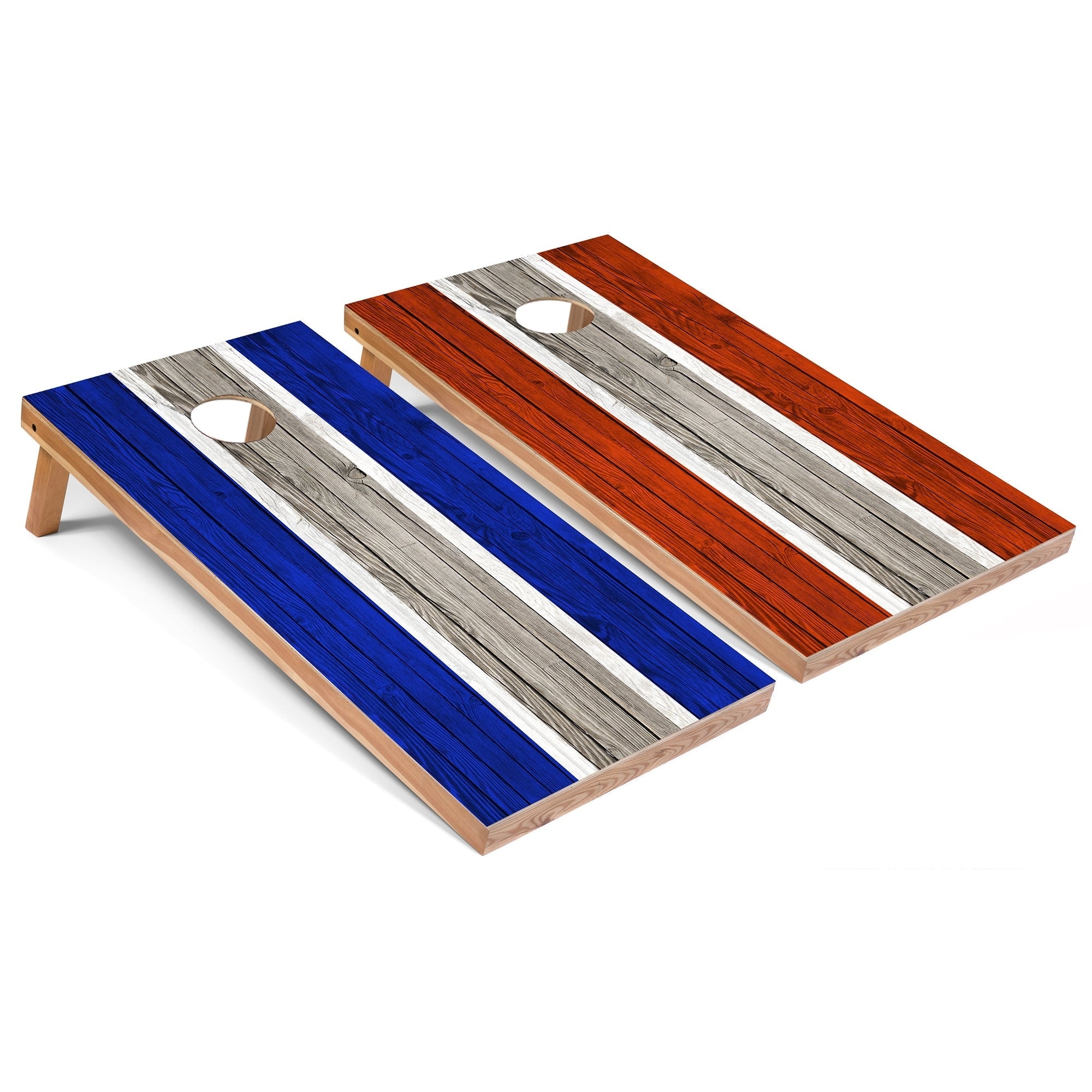 Solid Wood Cornhole Boards - Royal and Orange Stripes Design