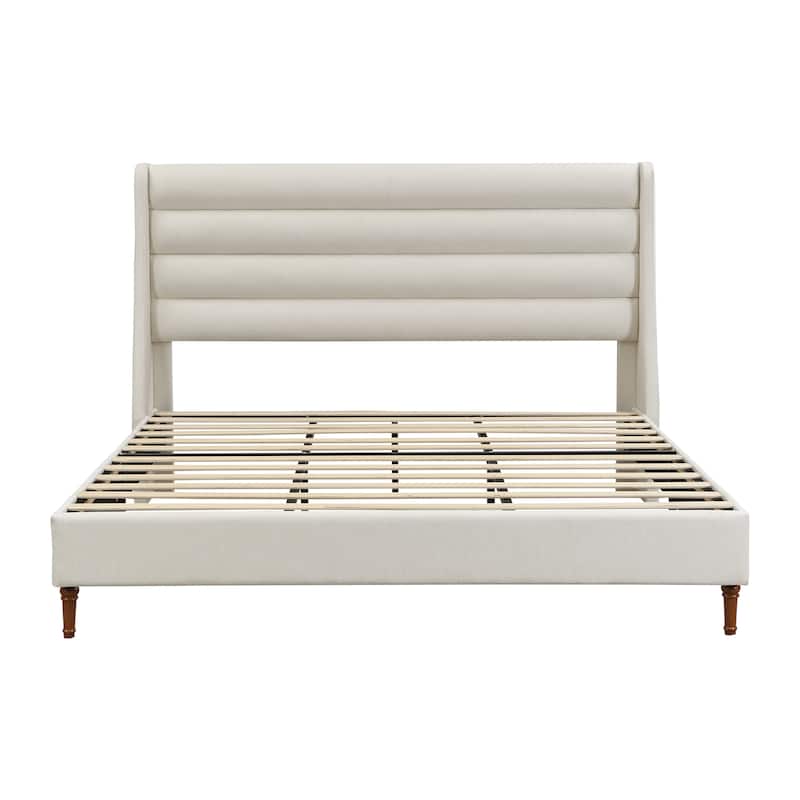 King Size Bed Frame High Headboard Upholstered Platform Bed with Wave - Shaped Headboard, Premium Chenille Fabric