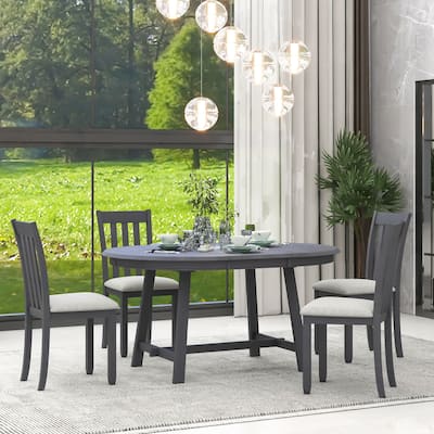 Gray Farmhouse 5-Piece Wooden Dining Table Set with Round Extendable Table & 4 Chairs