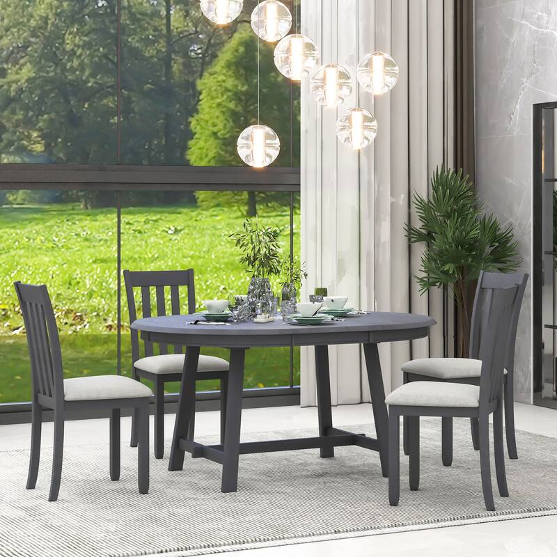 Practical Round Extendable Dining Table with 4 Dining Chairs, 5-Piece Wood Dining Table and Chairs Set for 4