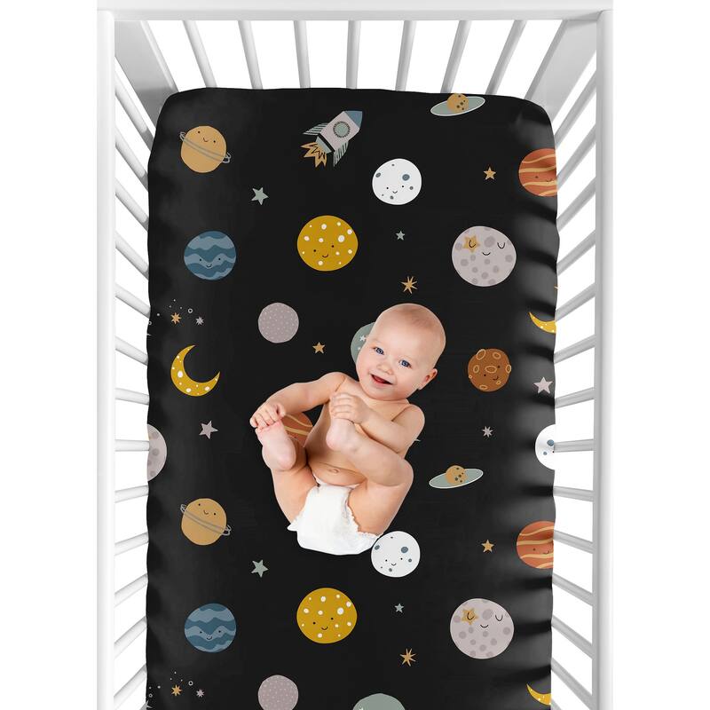 Sweet Jojo Designs Black Space Themed Boy Fitted Crib Sheet -Moon & Stars, Whimsical, Outerspace, Galaxy Planets, Rockets, Moons