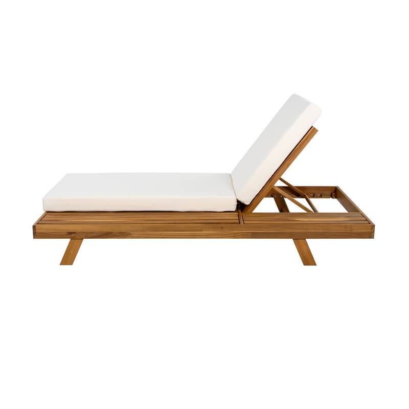 One-sided Open Storage Lounge Chairs Outdoor Patio Acacia Wood Chaise Lounge with Adjustable Backrest & Water-repellent Cushions