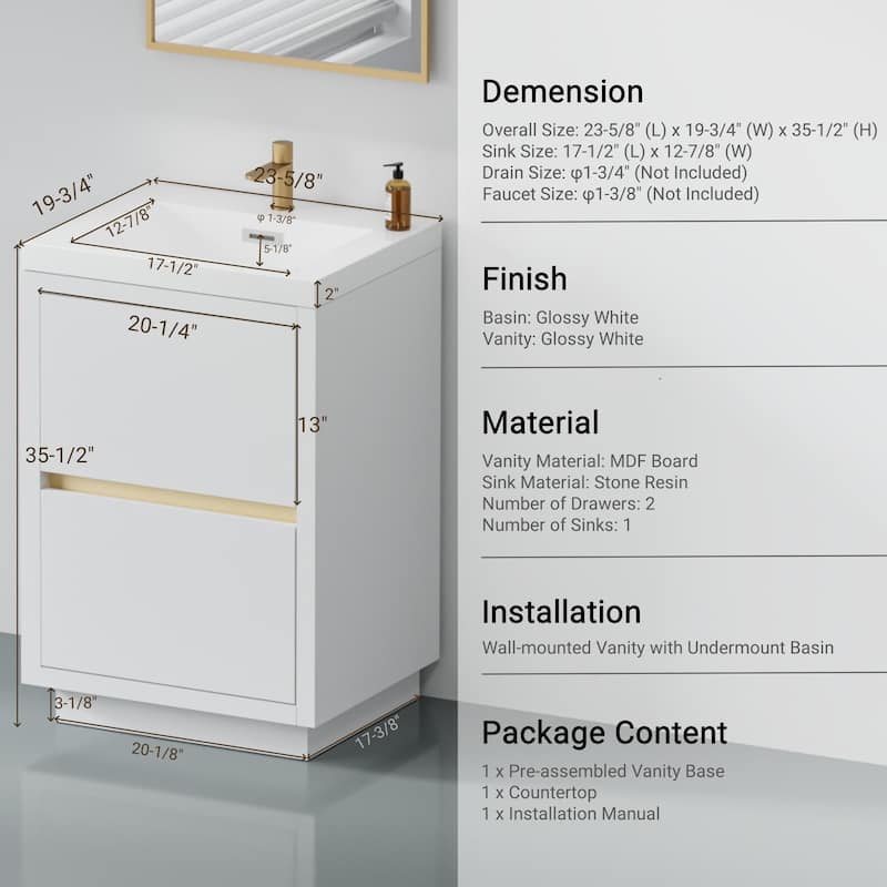 GDFStudio 24" Freestanding Bathroom Vanity with Sink
