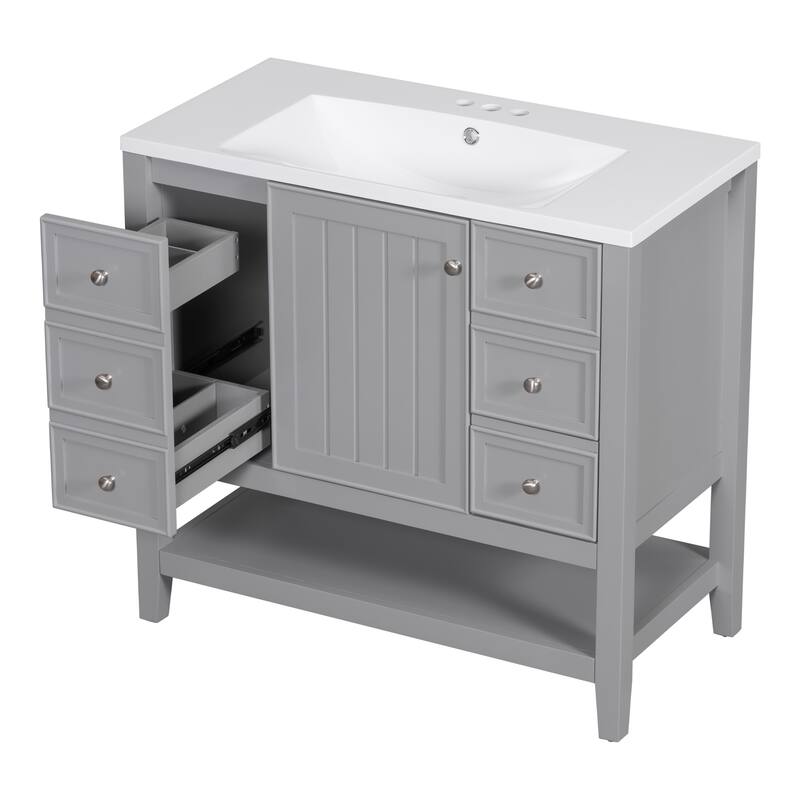Freestanding 36" Bathroom Vanity Cabinet with Ceramic Sink & Open Storage Shelf