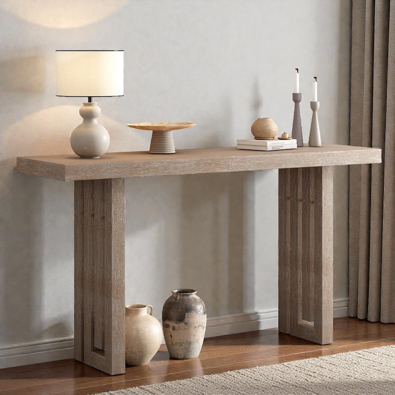 Oak Veneer Console Table with Unique Side Design, Modern Entryway Table for Hallway Living Room
