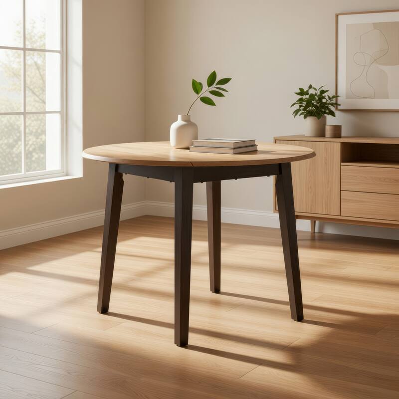 Gasy Dining Table, Extendable 26-42 Inch, Dark Brown Wood, 2 Leaves