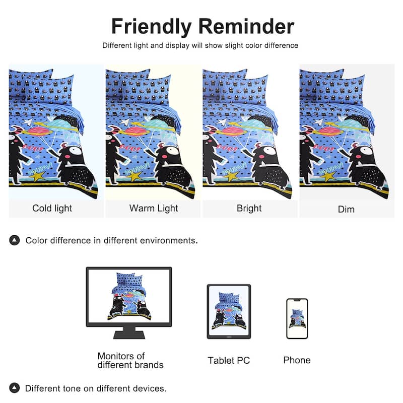 Cutey Duvet Cover Set 5 Piece Soft Fade Wrink Black Cartoon Print