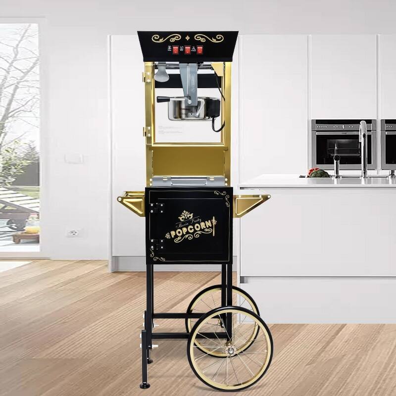 12oz Popcorn Machine Cart, Popcorn Cart with Wheels, Vintage Popcorn Machine with Stainless Steel Kettle
