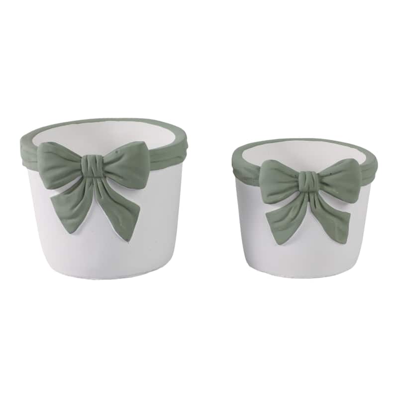 Pottery Planters Bow Accent Home Garden Use (Set of 2) - 6", 5" White - 7" x 7" x 5.75" - White/ Green - 7" x 7" x 5.75"