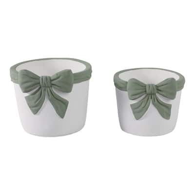 Pottery Planters Bow Accent Home Garden Use (Set of 2) - 6", 5" White - 7" x 7" x 5.75"