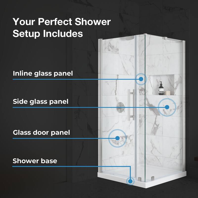 OVE Breeze Pivot Corner Frameless Pivot Shower Door Kit with Base Pan