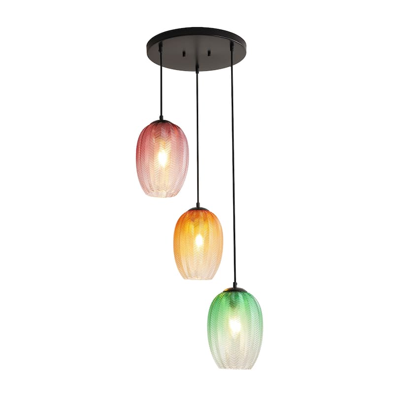 1/3-Light Modern Black Cylinder Colored Textured Gradient Glass Pendant Light for Kitchen Island or Stairway