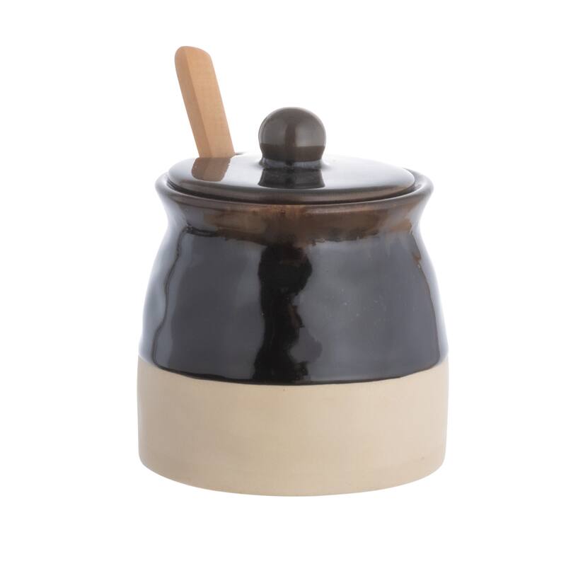 Stoneware Sugar Pot with Lid and Wood Spoon - 3.8"L x 3.8"W x 4.4"H