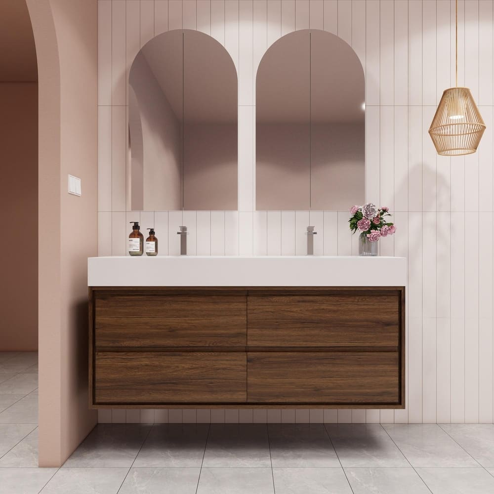 Victoria 60" Wall Mounted Modern Vanity with Double Acrylic Sink