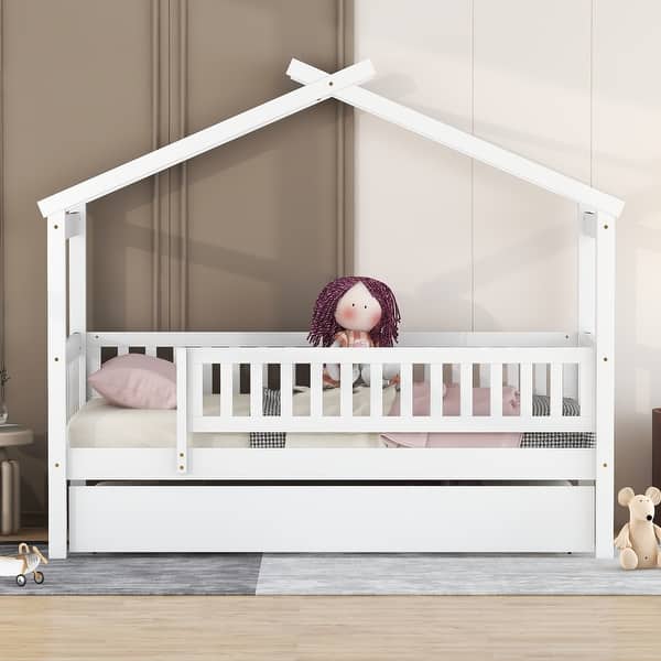 slide 2 of 13, Wooden Twin Size Creativity House Bed with Twin Size Trundle and Headboard, Spacious Storage White