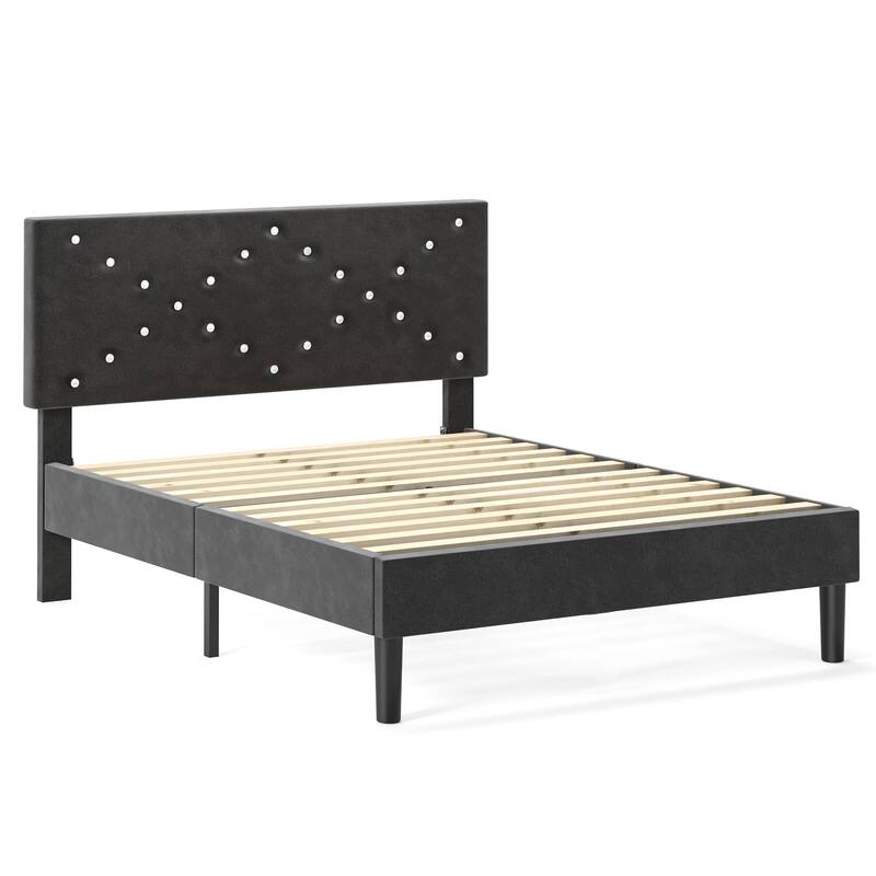Modern Platform Bed Frame with Upholstered Headboard & Wooden Slats