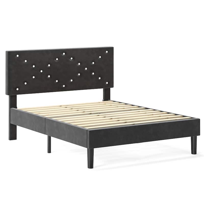 Upholstered Platform Bed, Twin Size, Black with Padded Headboard & Heavy-Duty Metal Frame