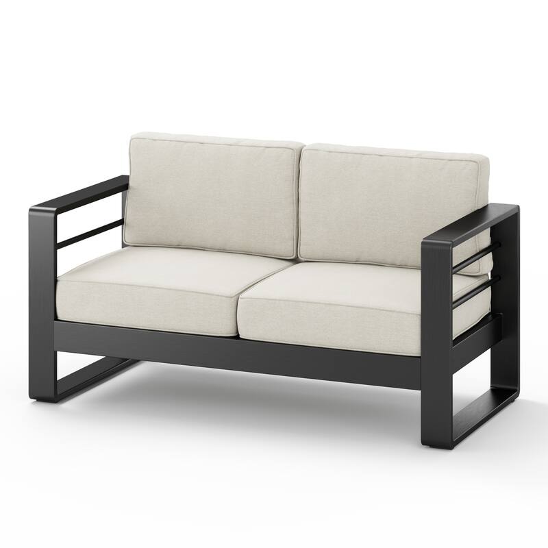 Roomfitters Maya Bay Outdoor Aluminum Loveseat with Rust Resistant Frame, Black and Beige - Beige+Black