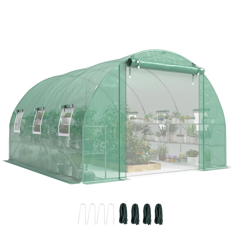 Outsunny 10'x11'x6' Walk-in Tunnel Greenhouse with Shelves, Mesh Door and Windows, Hoop House Greenhouse with PE Cover