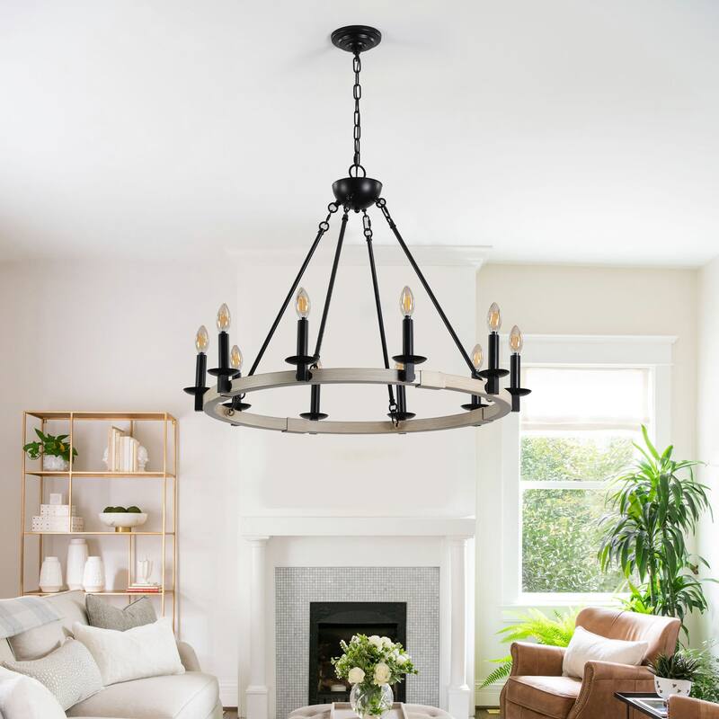 Farmhouse 10-Light Candle Chandelier, Black Metal and Wood Round Hanging Light, Adjustable Height, for Dining Room or Kitchen