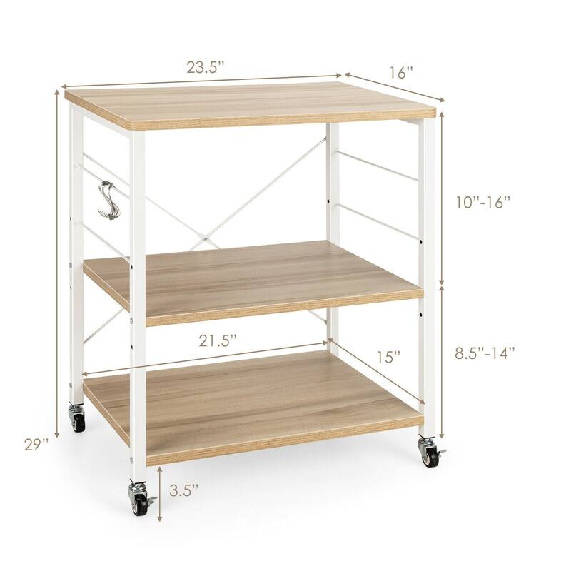 3-Tier Kitchen Baker's Rack Microwave Oven Storage Cart with Hooks - 23.5" x 16" x 29" (L x W x H)