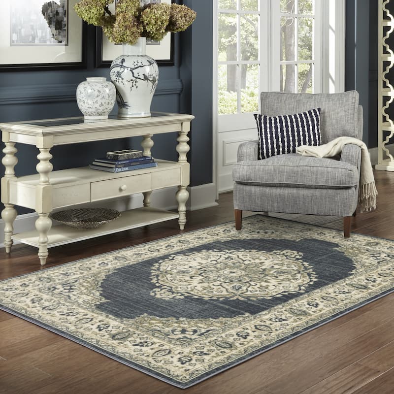 Kaleb Traditional Center Medallion Deep Teal/Ivory Area Rug - 9' 10" x 12' 9" - Rectangle