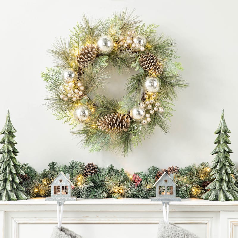 24"D Pre-Lit Ball Berry Holly Pinecone & Ornament Wreath with Brown Window Frame Set