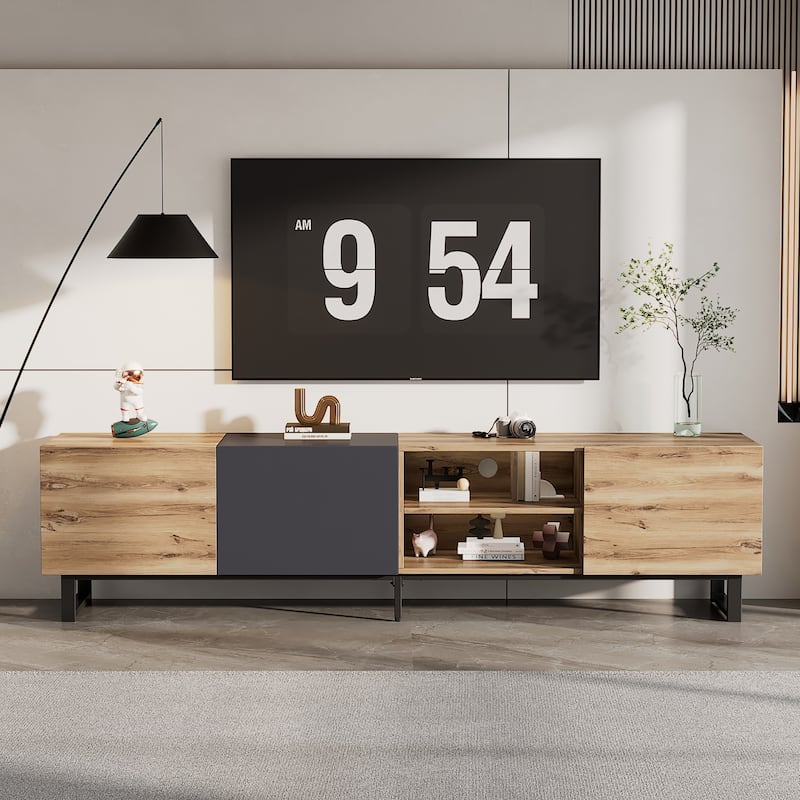 70.86" TV Stand with Drop Down Door, 3 Cabinets and Open Shelves for TVs Up to 80"