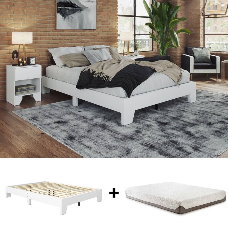 Wood Platform Bed and Mattress Bundle - Bed Frame with 8 in. Gel Memory Foam Mattress Included, Easy Assembly - White - Queen