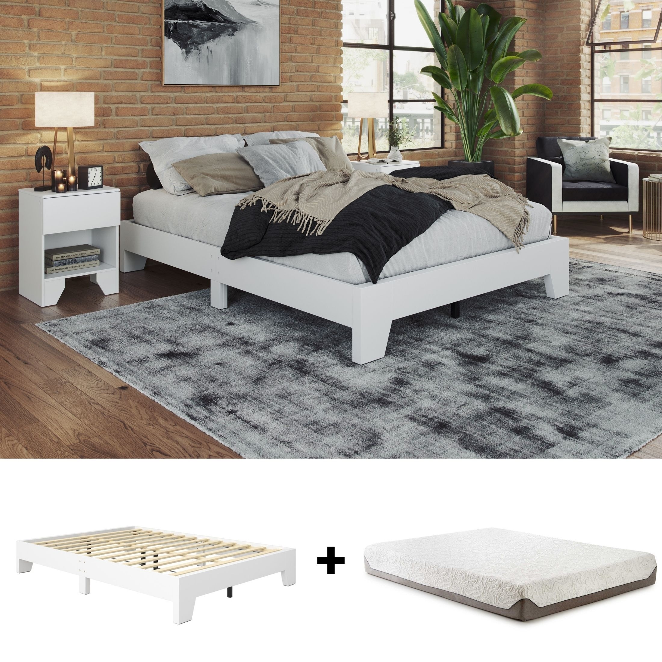 Wood Platform Bed and Mattress Bundle - Bed Frame with 8 in