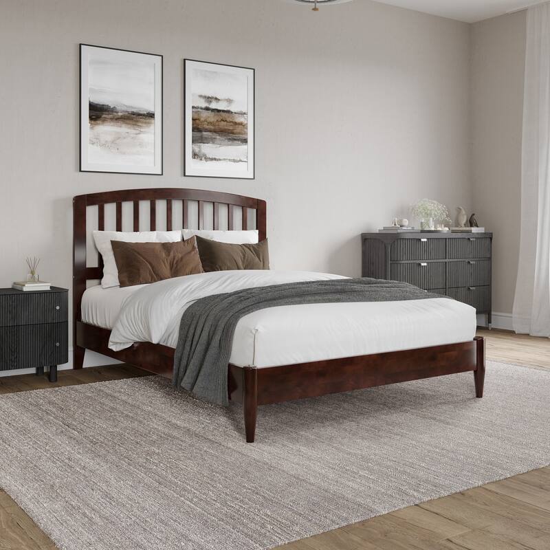 Solid Wood Low Profile Platform Bed - Traditional Design, Walnut Finish - Full Size Bed Frame