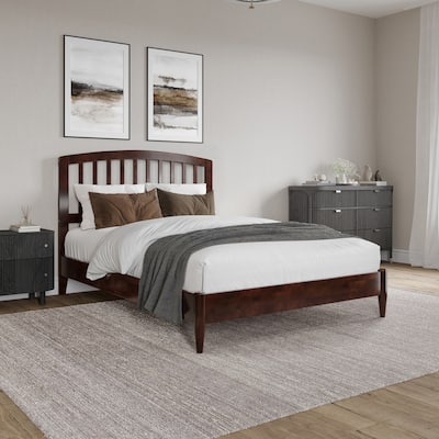 Solid Wood Low Profile Platform Bed - Traditional Design, Walnut Finish - Full Size Bed Frame