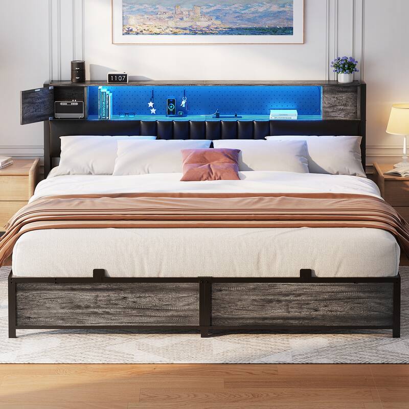 Farmhouse Bed Frame with Holey Board, Upholstered Headboard Platform Bed with Charging Station - Grey - King