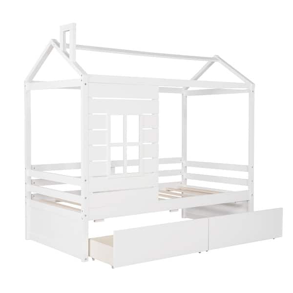 slide 2 of 12, Twin House Bed with Drawers & Guardrails - Sturdy Wooden Frame for Kids White - Twin