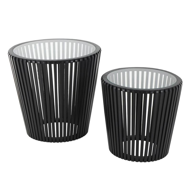 Wood Cage Inspired Accent Table with Clear Glass Tabletop - Set of 2 Black - Roche River Decor