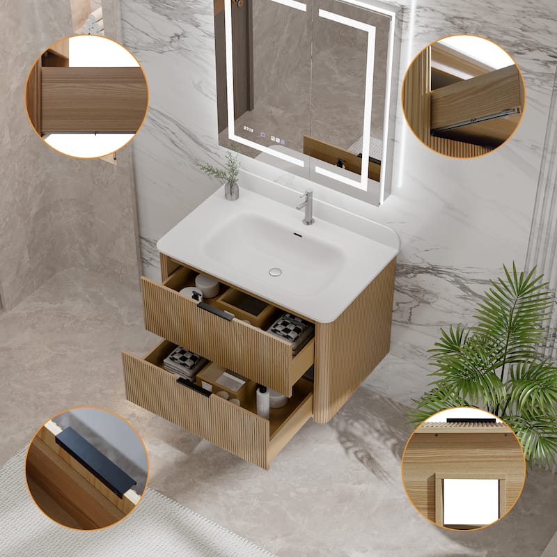 Modland Fluted Floating Vanity with Sink, Plywood Wall Mount Cabinet, Curved Edge, 24/30/36 Inch