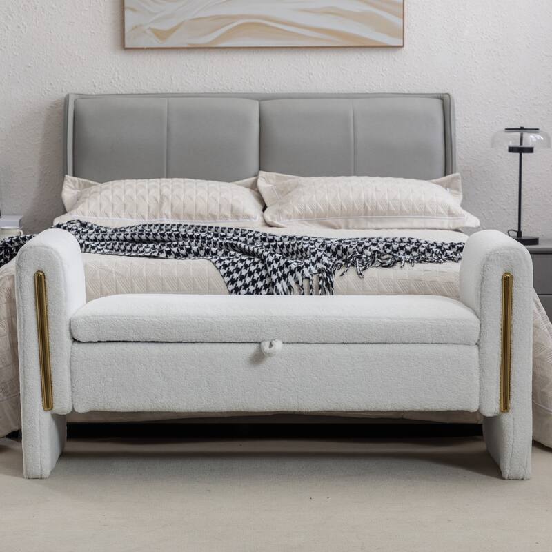 53" Modern Storage Bench with 300lb Seating, Velvet Upholstered Bed Bench with Wood Legs Safety Hinge