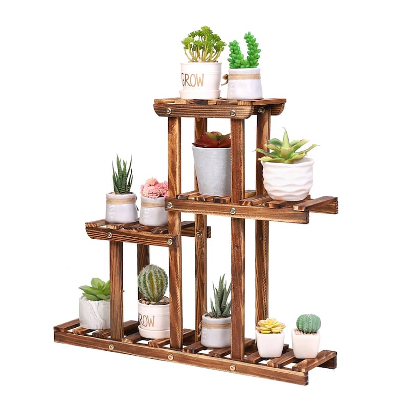4 Tier Small Plant Stand Carbonized Wood Flower Rack Indoor Outdoor