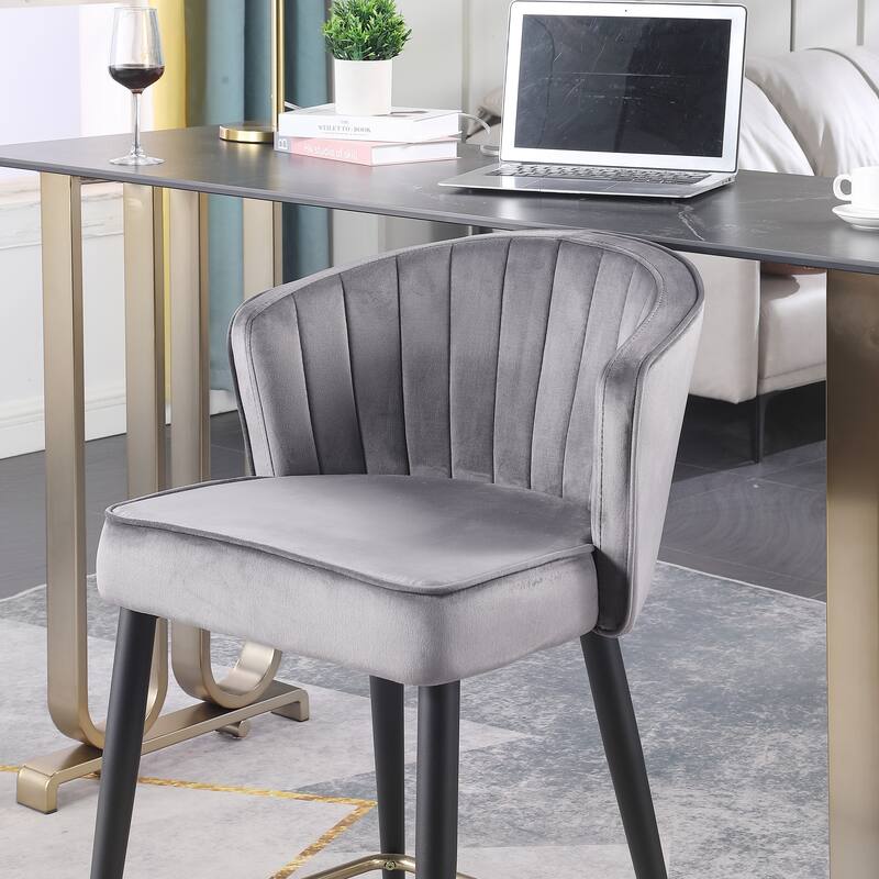 Velvet Upholstered Counter Height Stool with Deep Channel Tufting and Gold Tipped, Black Metal Legs, 20" W x 21" D x 36.5" H