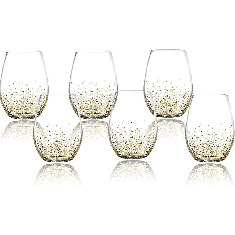 American Atelier Luster Stemless Wine Goblet Set of 6 - 16 oz. - Gold and Silver Confetti - 16 oz.