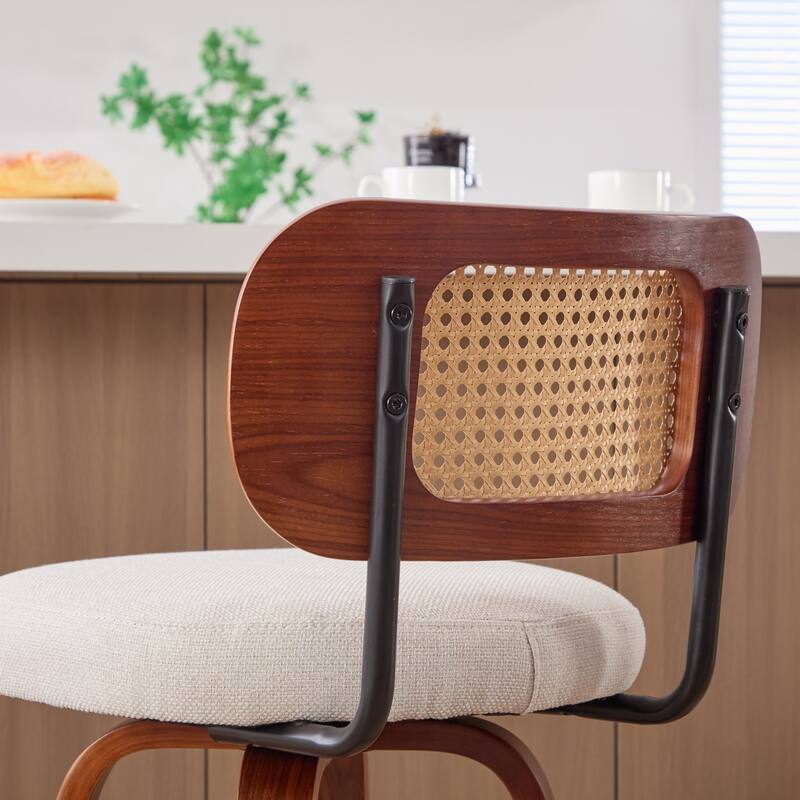 Set of 3, 26-Inch Counter Height Bar Stools - Cane Rattan Back, Linen Upholstered Seat, Swivel Design for Kitchen